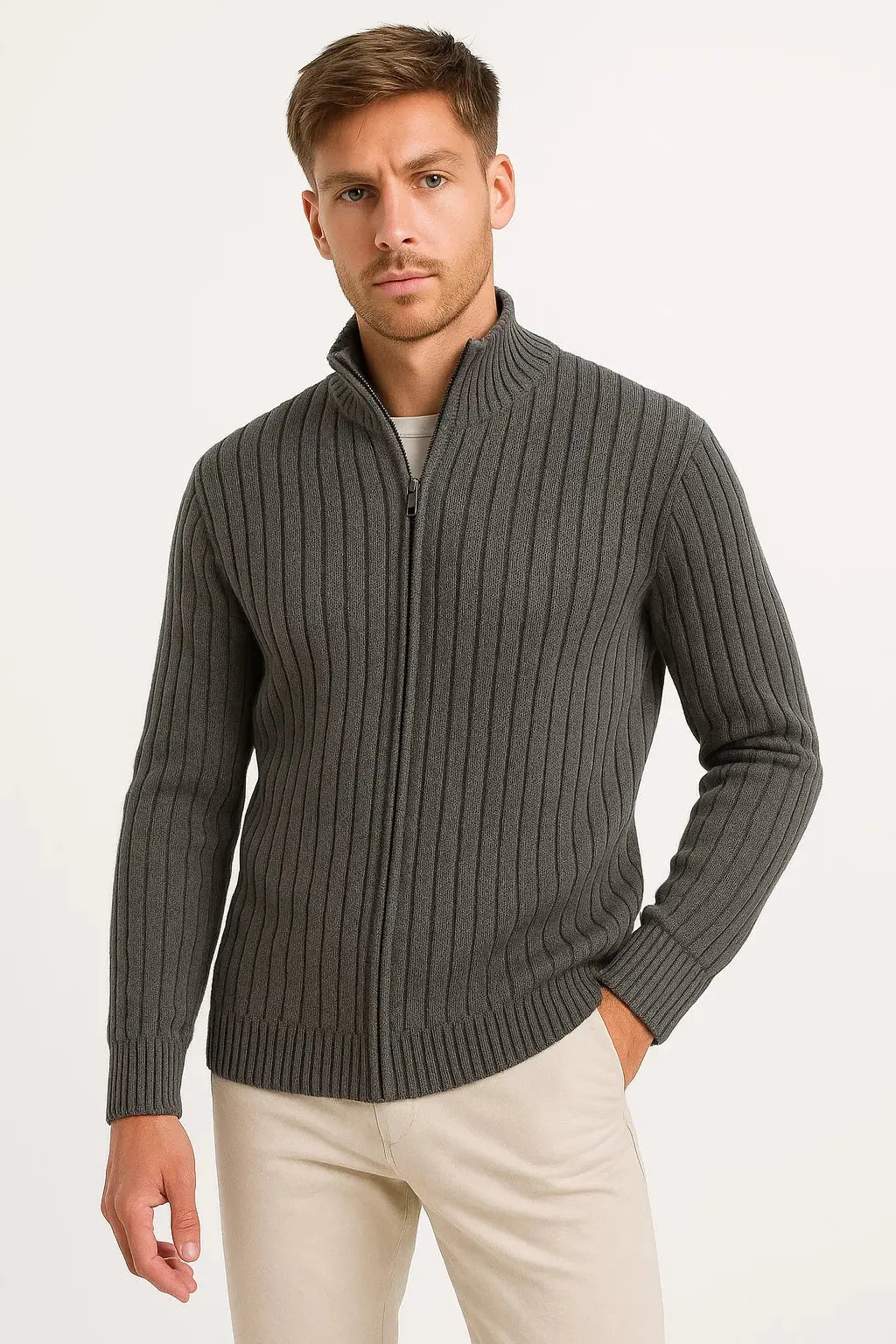 Orizelle | Men's Cardigan Grey Ribbed Knit Lightweight Casual and Formal Design for Men