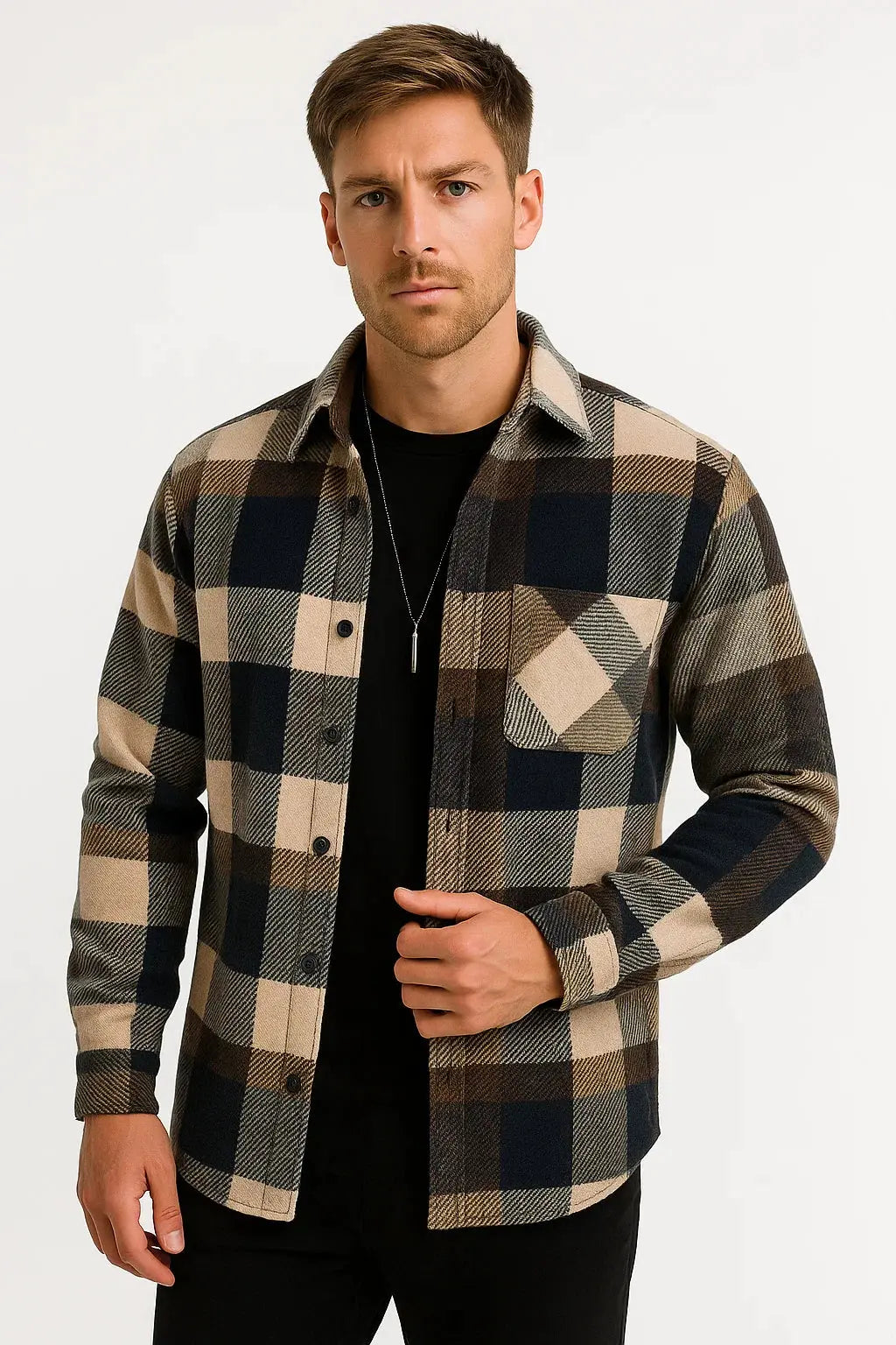 Orizelle | Men's Casual Shirt Cotton-Polyester Blend Long Sleeve Checkered