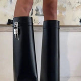 Sculptural Black Wedge Knee-High Boots in Glossy Finish