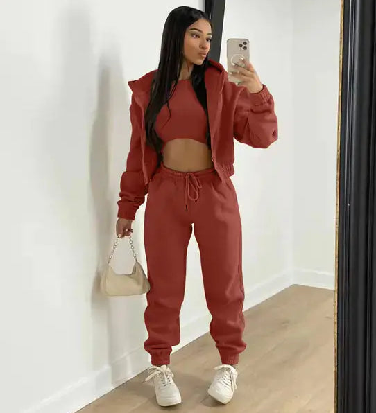 Three-Piece Loungewear Set with Cropped Hoodie, Bralette and Joggers