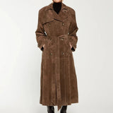 Classic Long Trench Coat with Waist Belt and Double-Breasted Design