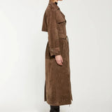Classic Long Trench Coat with Waist Belt and Double-Breasted Design