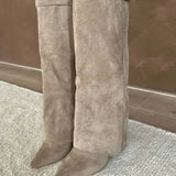 Sculptural Knee-High Wedge Boots in Faux Suede with Buckle Detail