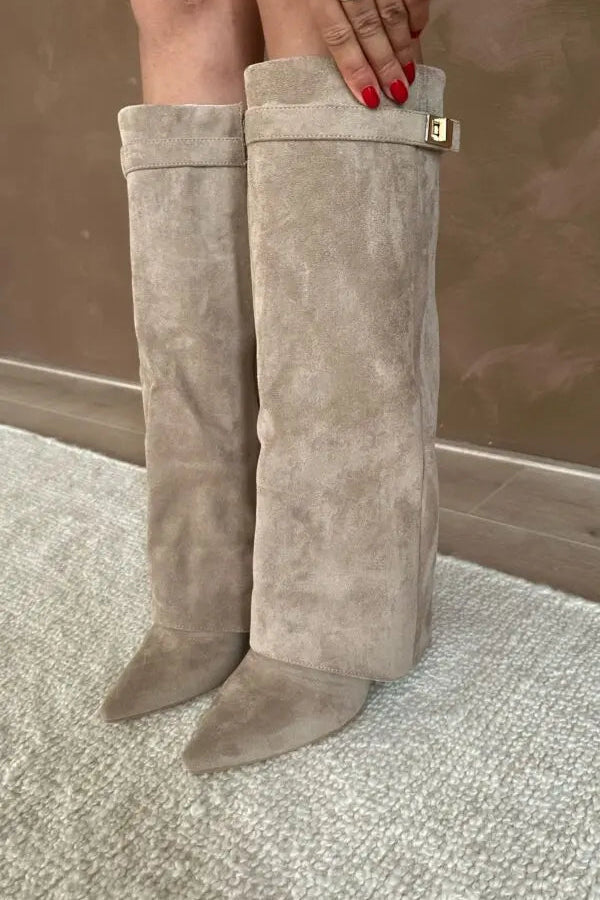 Sculptural Knee-High Wedge Boots in Faux Suede with Buckle Detail