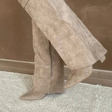 Sculptural Knee-High Wedge Boots in Faux Suede with Buckle Detail