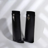 Sculptural Black Wedge Knee-High Boots in Glossy Finish
