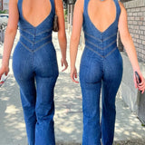 Plunge Neck Fitted Denim Jumpsuit with Flared Legs