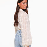 White Sheer Embroidered Floral Blouse with Balloon Sleeves