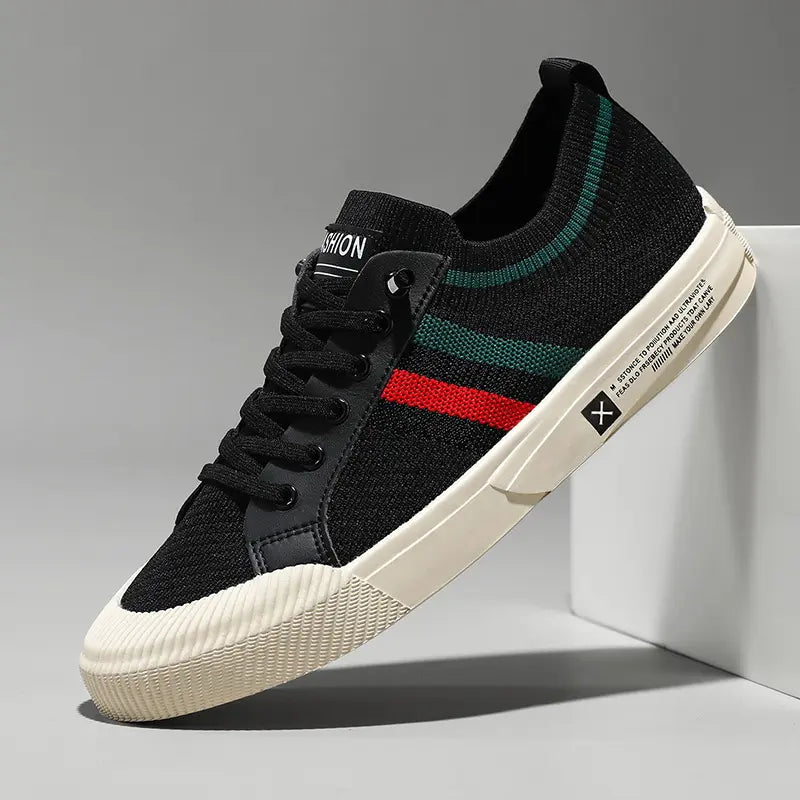Orizelle | Men's Knit Canvas Trainers – Breathable Low-Top Sneakers with Green and Red Stripe Detail