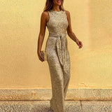 Gold Sequin Sleeveless Wide-Leg Jumpsuit with Waist Tie