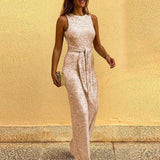 Gold Sequin Sleeveless Wide-Leg Jumpsuit with Waist Tie