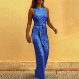 Gold Sequin Sleeveless Wide-Leg Jumpsuit with Waist Tie