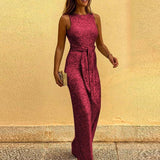 Gold Sequin Sleeveless Wide-Leg Jumpsuit with Waist Tie