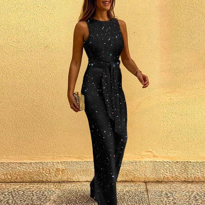 Gold Sequin Sleeveless Wide-Leg Jumpsuit with Waist Tie