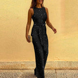 Gold Sequin Sleeveless Wide-Leg Jumpsuit with Waist Tie
