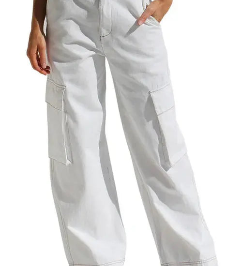 High-Waisted Wide-Leg Cargo Trousers – Light Grey | Women's Utility Pants