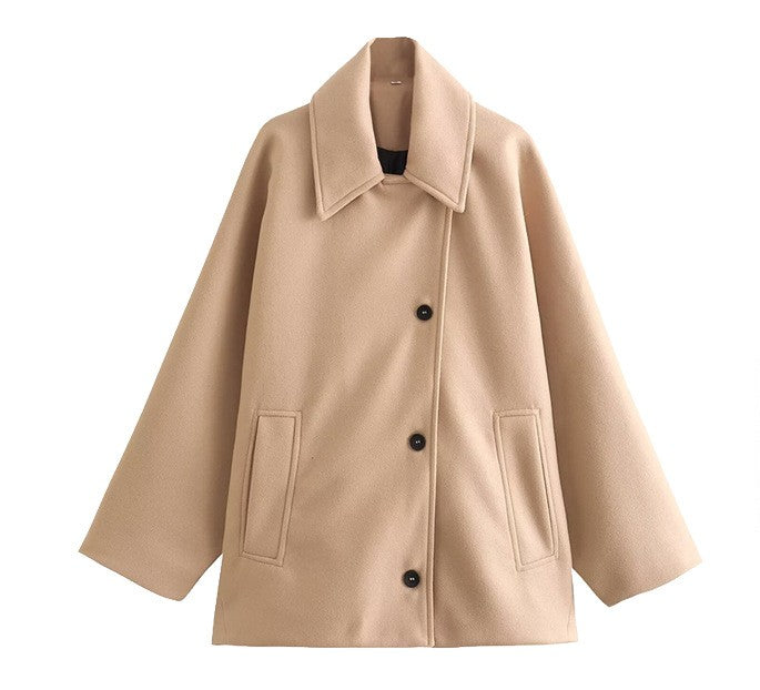 Classic Wool Short Coat with Wide Collar and Button Front
