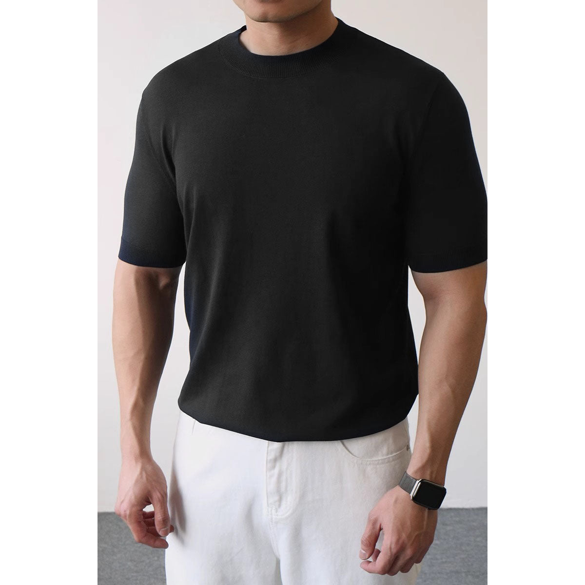 Orizelle | Men’s Mock Neck Knit T-Shirt – Fitted Short Sleeve