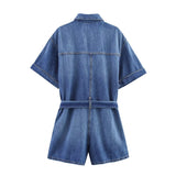 Denim Short Sleeve Belted Button Playsuit
