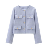 Chic Gold-Button Cropped Jacket with Pocket Detail