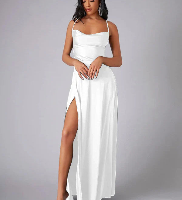 Satin Cowl Neck Maxi Dress with Side Slit