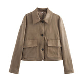 Retro Faux Suede Jacket with Front Flap Pockets