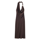 Halter Neck Satin Maxi Dress with Elegant Drape