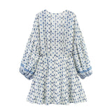 Printed V Neck Long Sleeve Mini Dress with Flowy Fit