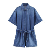 Denim Short Sleeve Belted Button Playsuit