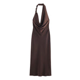 Halter Neck Satin Maxi Dress with Elegant Drape