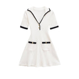 Contrast Trim Zip Front Mini Dress Short Sleeve