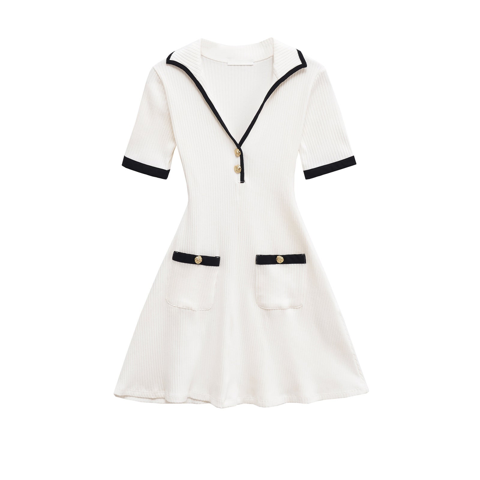 Contrast Trim Zip Front Mini Dress Short Sleeve