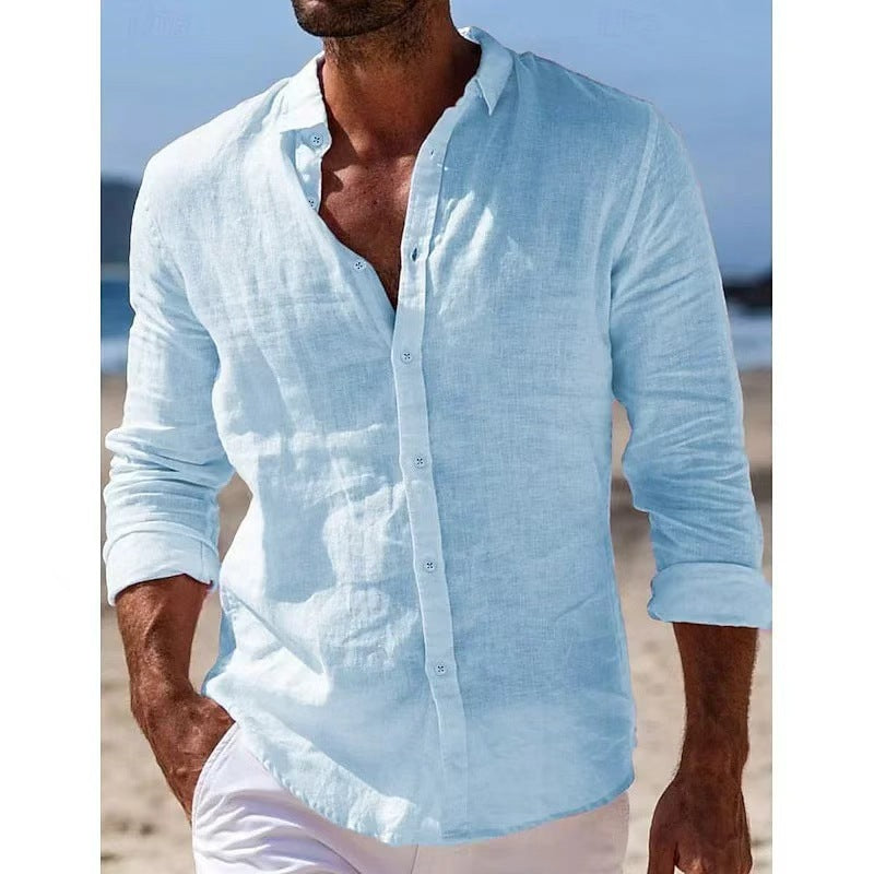 Men's Linen Shirt Long Sleeve Regular Fit - Open Collar Lightweight Casual Summer