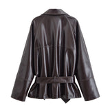 Belted Glossy Faux Leather Jacket with Tailored Fit