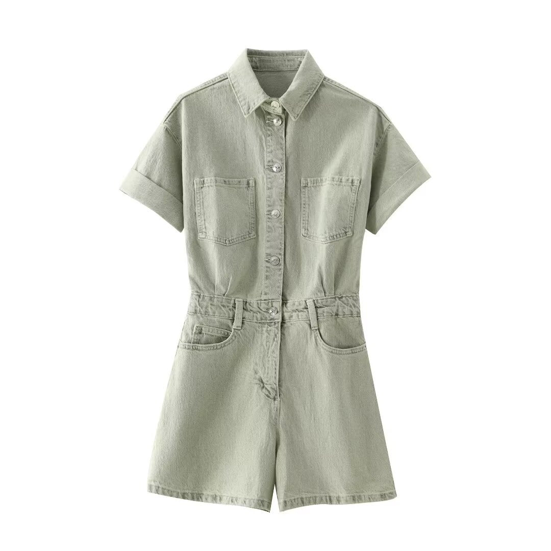 Short Sleeve Button Up Utility Romper