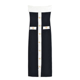 Strapless Contrast Panel Maxi Dress with Button Detail