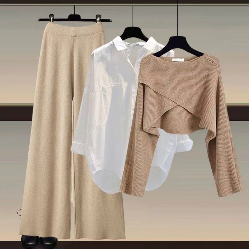 Three-Piece Layered Knit and Shirt Wide-Leg Trouser Set