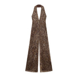 Leopard Print Halter Neck Wide Leg Jumpsuit