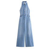 Denim Halter Neck Wide Leg Jumpsuit