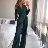 Elegant Long Sleeve Wide-Leg Jumpsuit with V-Neckline