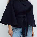 Elegant High Neck Belted Cape Jacket
