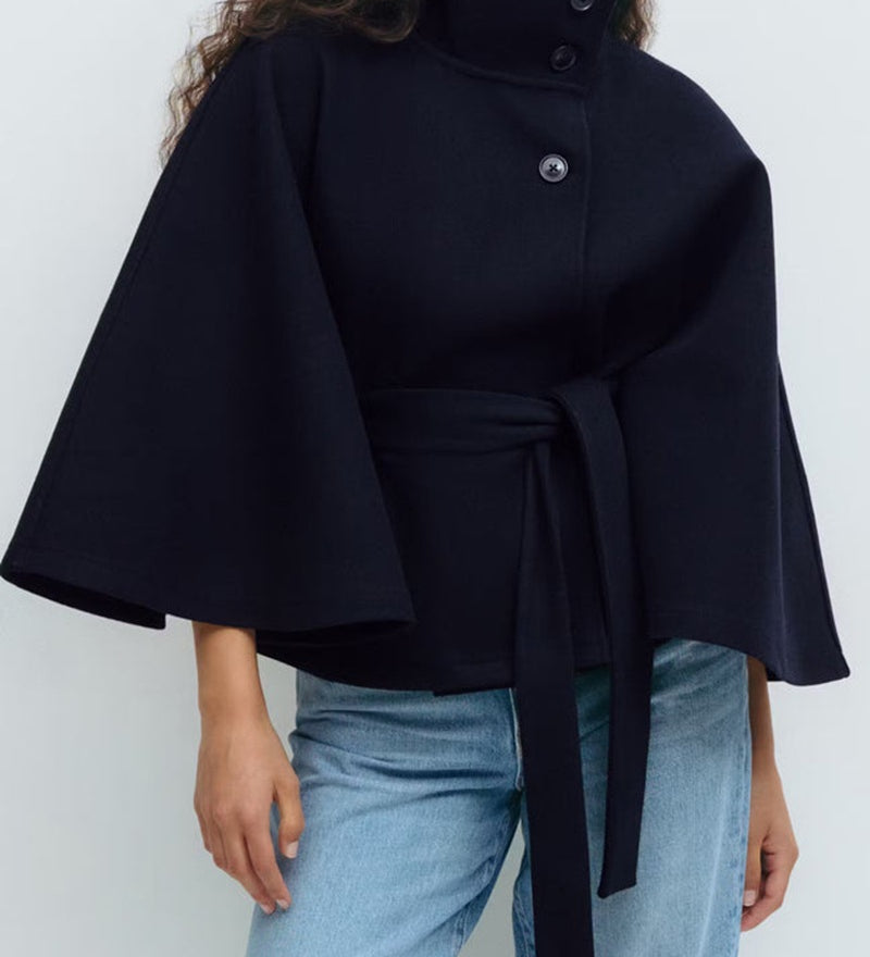 Elegant High Neck Belted Cape Jacket