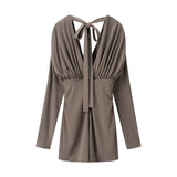 Long Sleeve Ruched Mini Dress with Deep V Neck
