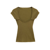 Ribbed Knit Cap Sleeve Top with Square Neck