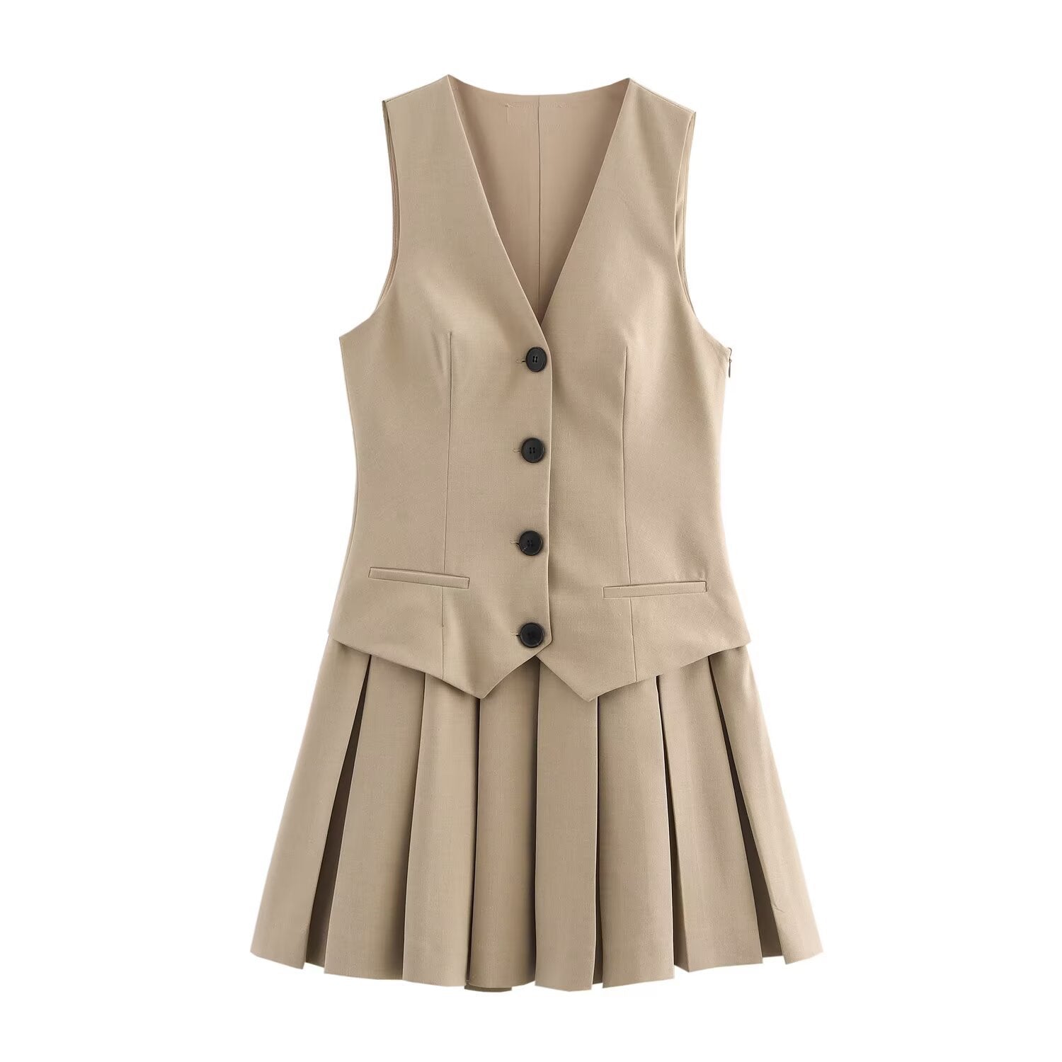 Button Front Pleated Mini Dress Tailored Sleeveless Dress