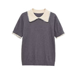 Women Contrast Collar Knit Polo Top Elegant Short Sleeve