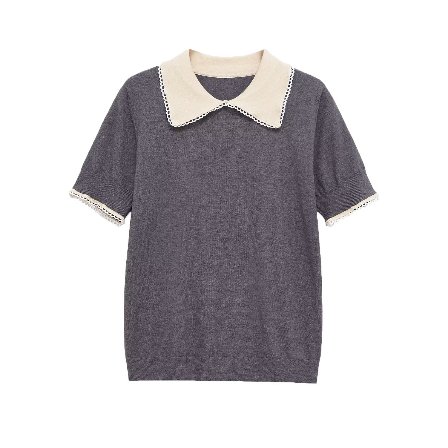 Women Contrast Collar Knit Polo Top Elegant Short Sleeve