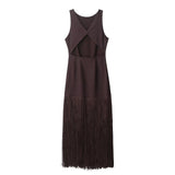 Sleeveless Fringe Maxi Dress with Cross Back Design