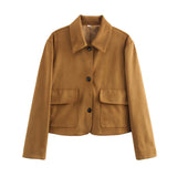 Retro Faux Suede Jacket with Front Flap Pockets