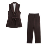 Belted Sleeveless Blazer & Wide-Leg Trouser Set — Chocolate Brown